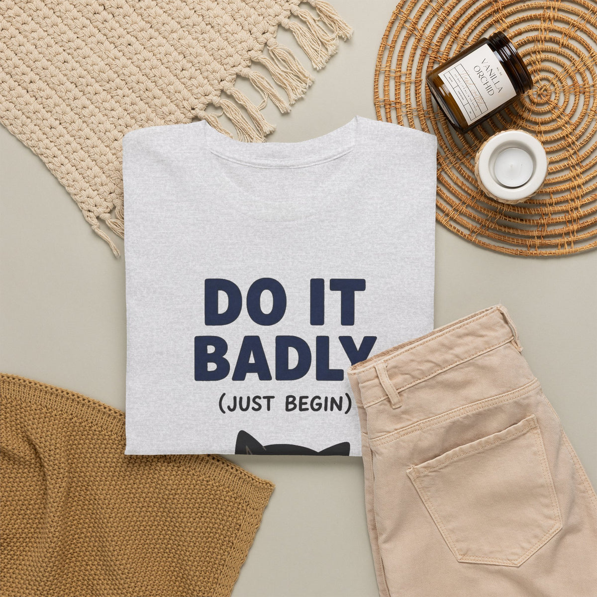Do It Badly But Just Begin Cat Graphic T Shirt Men's Heavy Cotton Tee