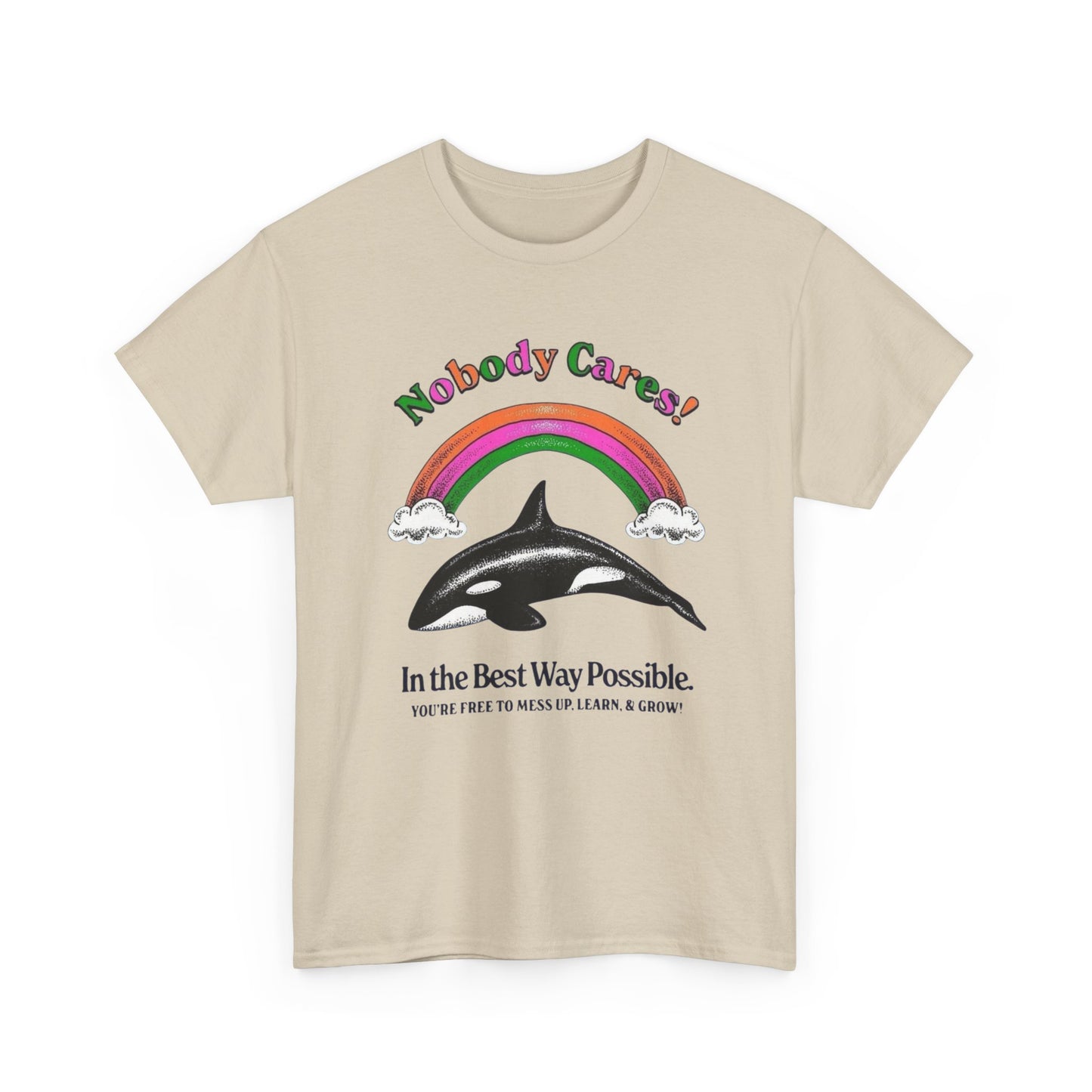 Nobody Cares Whale Rainbow Graphic T-Shirt Unisex Heavy Cotton Tee Gift