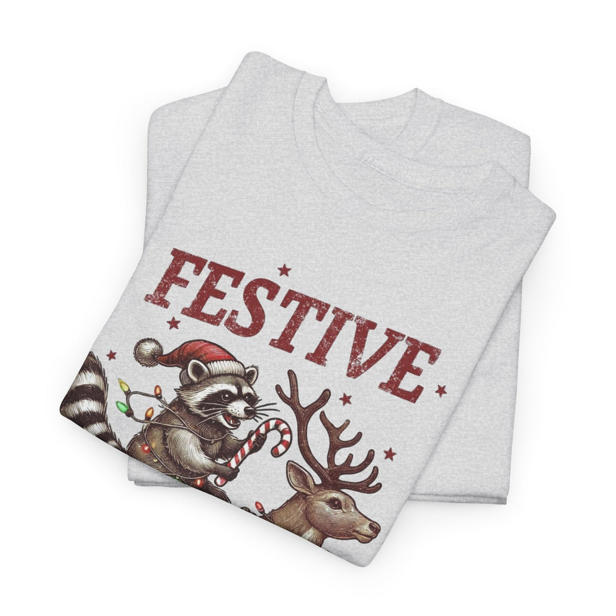 Festive but Feral Raccoon Riding Reindeer Christmas T-Shirt Men's Graphic Tee