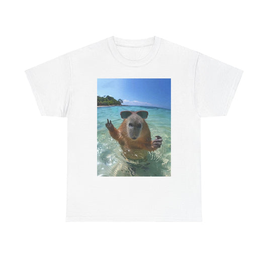Funny Capybara On Vacation Chilling Graphic T-Shirt Unisex Heavy Cotton Tee NEW