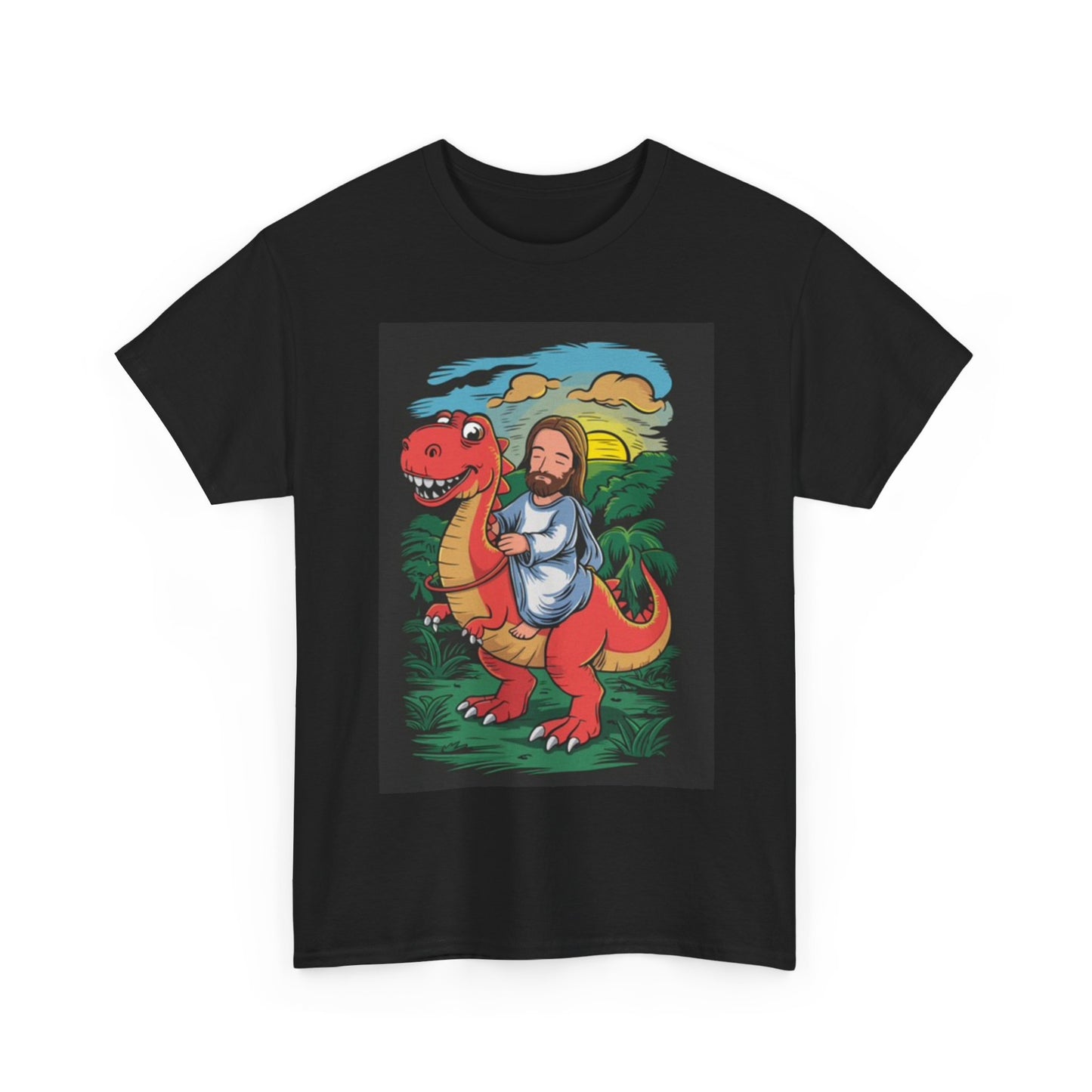 Jesus On A Dinosaur Shirt Funny Graphic Unisex Heavy Cotton Tee