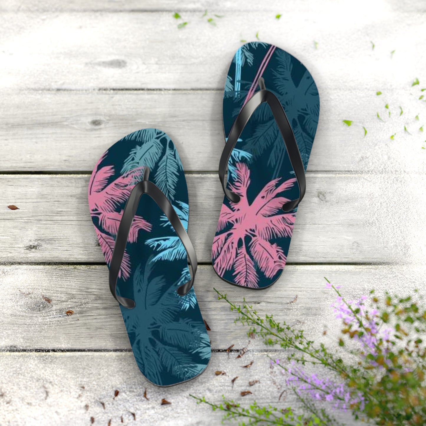 Pink And Blue Palm Trees Sandals Summer Flip Flops Slides BRAND NEW