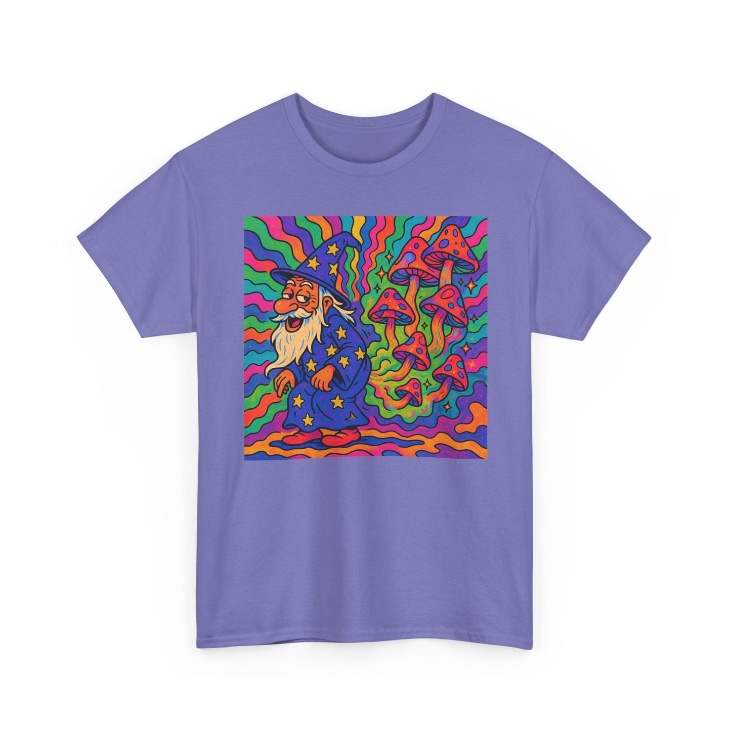 Wizard With Trippy Mushrooms Funny Graphic T Shirt Unisex Heavy Cotton Tee