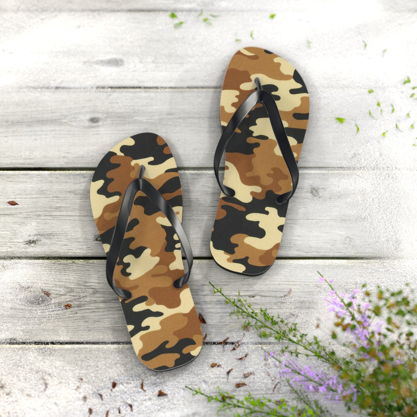 Waves And Sun Sandals Tan Camo Print Summer Flip Flops Slides BRAND NEW