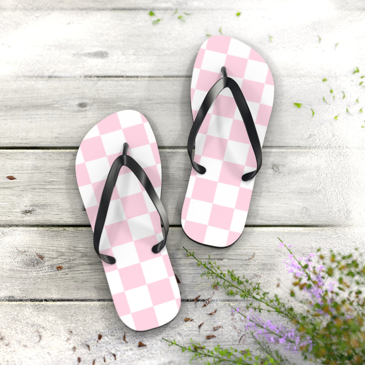 Pink Checkered Sandals, Beach Shoes, Vacation Flip Flops, Pool Slides
