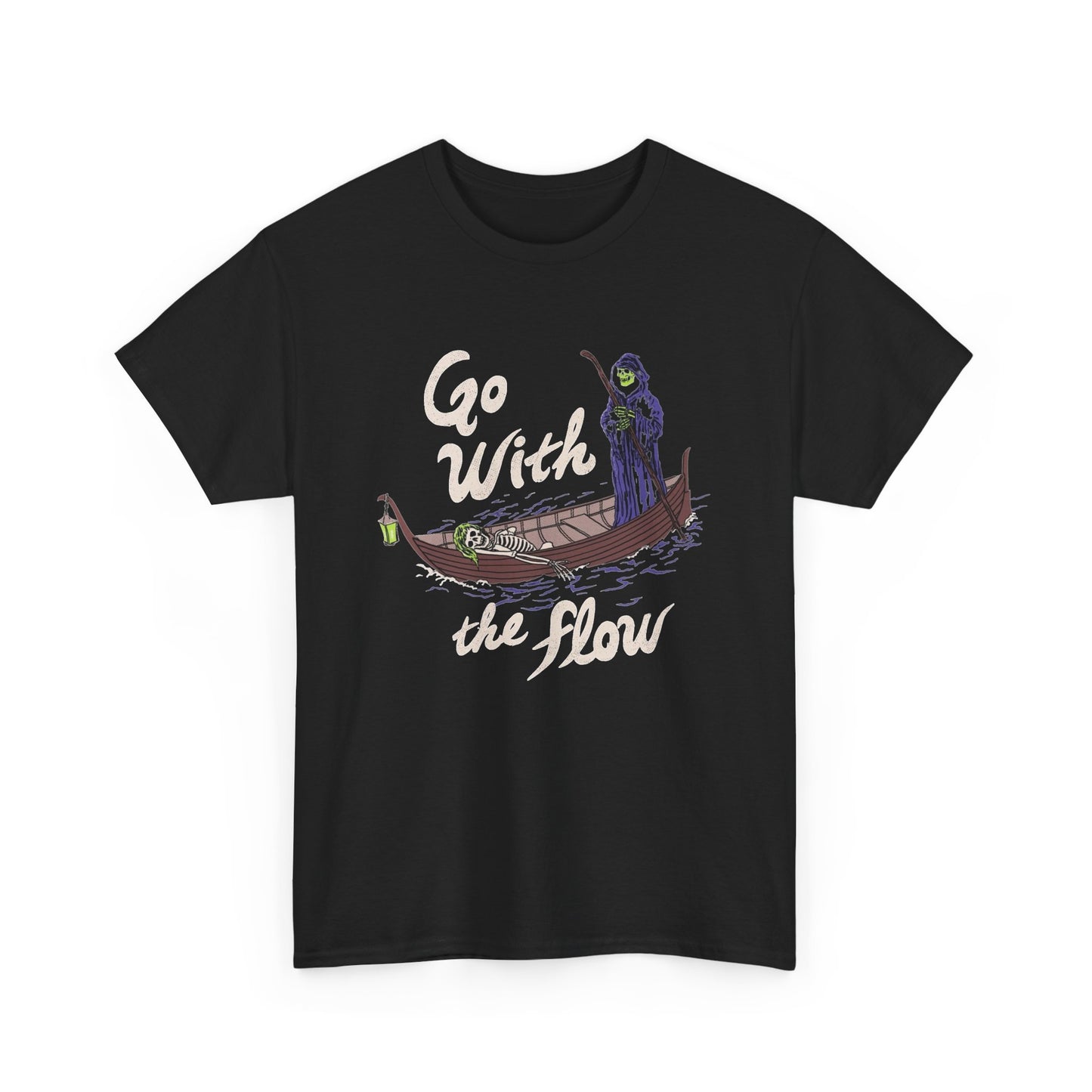 Go With The Flow Grim Reaper Graphic T Shirt NEW Unisex Heavy Cotton Tee