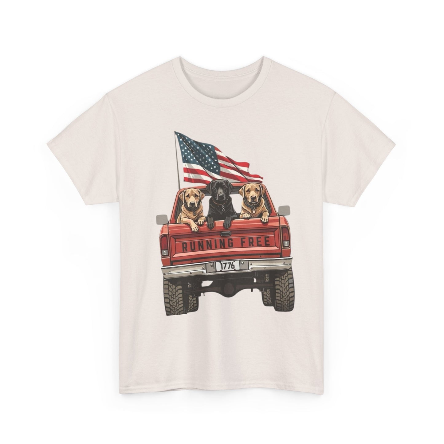 Running Free 1776 USA Dogs In Pickup Graphic T Shirt NEW Unisex Heavy Cotton Tee