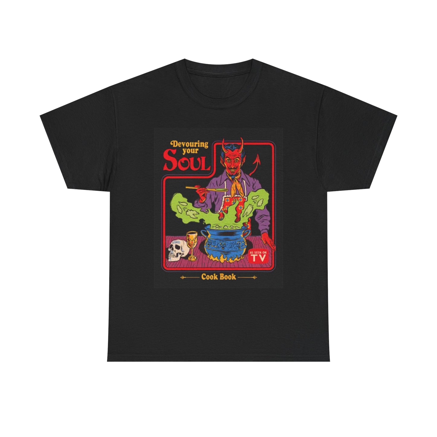 Demon Cookbook Funny Satan Graphic T Shirt Cartoon Unisex Heavy Cotton Tee