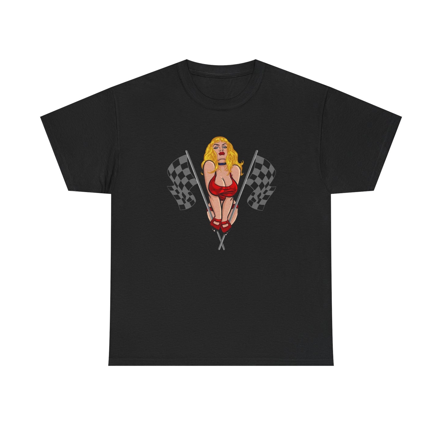 Racing Flag Model Pin Up Graphic T-Shirt Unisex Heavy Cotton Tee Gift NEW