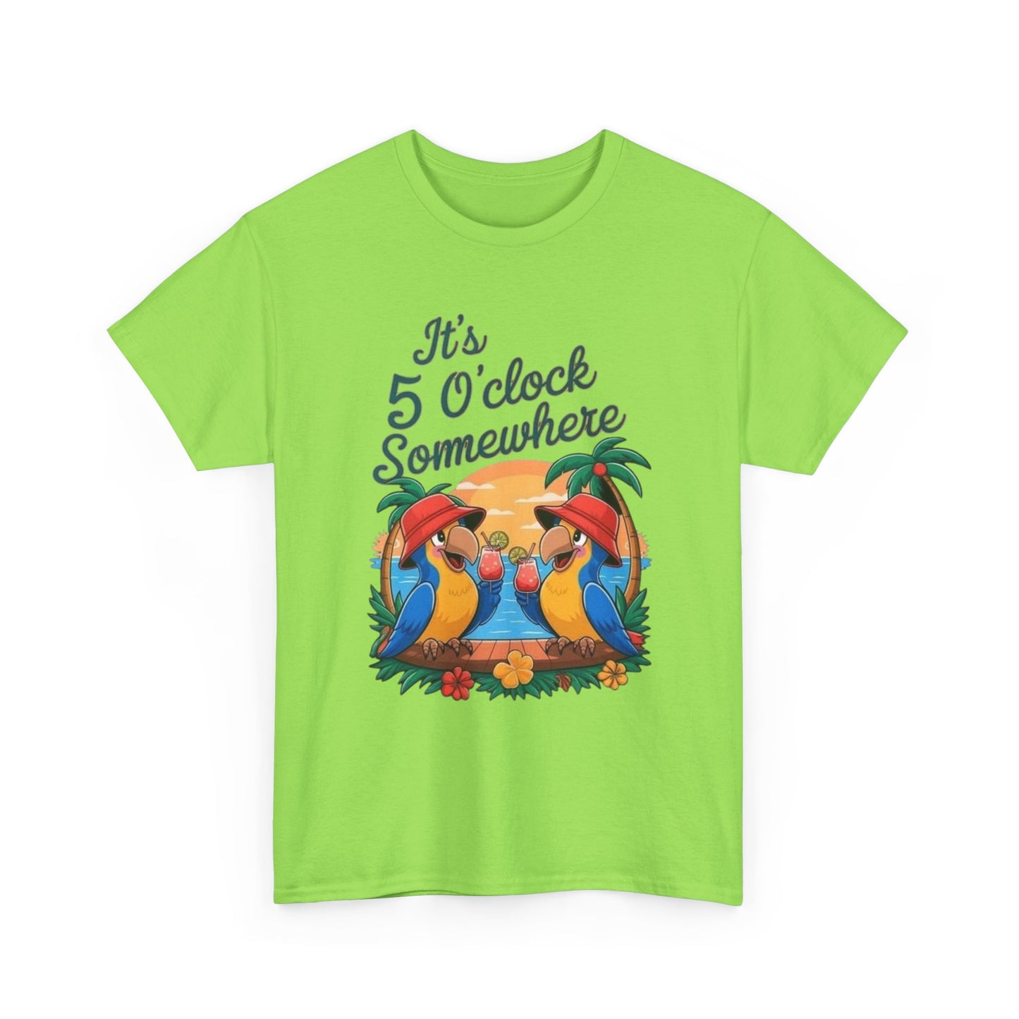 Its Five O'clock Somewhere Parrot Head Graphic T-Shirt Unisex Heavy Cotton Tee