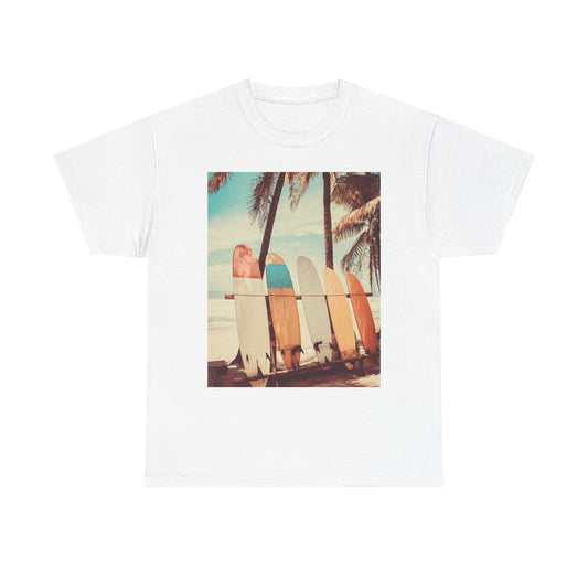 Surfboards On The Beach T Shirt Retro Graphic Unisex Heavy Cotton Tee