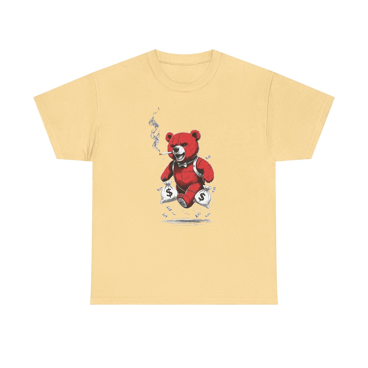 Money Bags Teddy Bear Smoking Graphic T Shirt NEW Unisex Heavy Cotton Tee