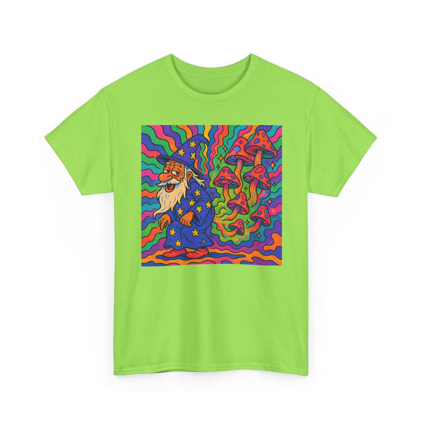 Wizard With Trippy Mushrooms Funny Graphic T Shirt Unisex Heavy Cotton Tee