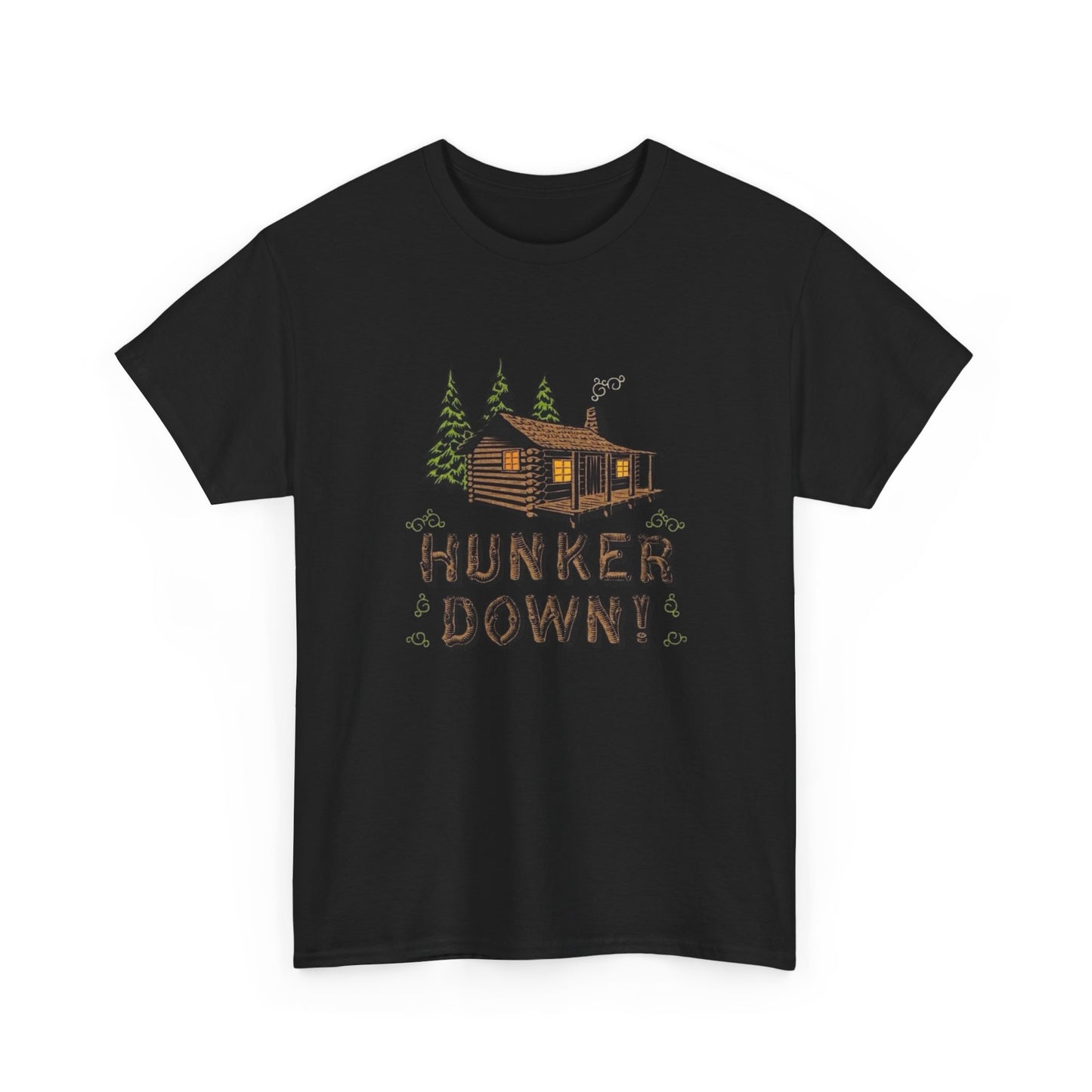Hunker Down Log Cabin Graphic T Shirt Unisex Heavy Cotton Tee NEW GIFT