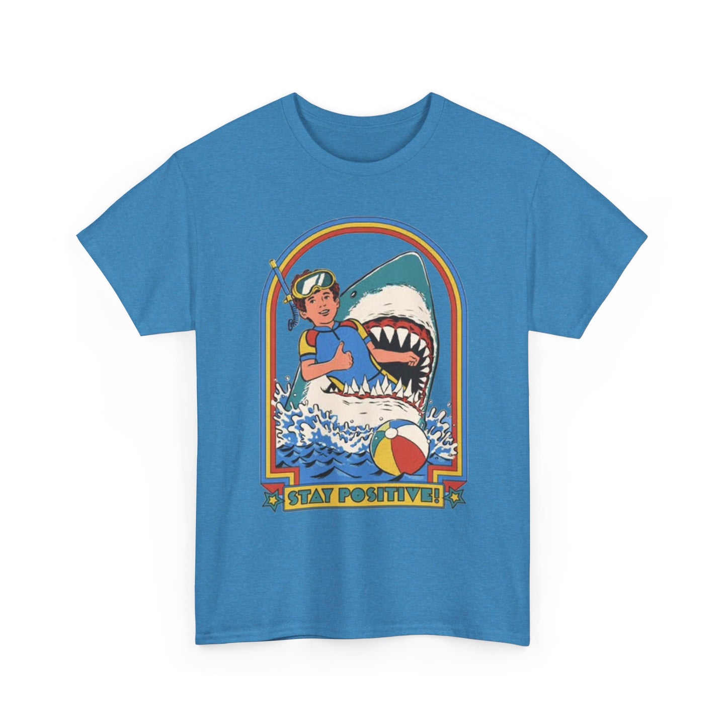 Stay Positive Funny Shark Attack Graphic T Shirt NEW Unisex Heavy Cotton Tee