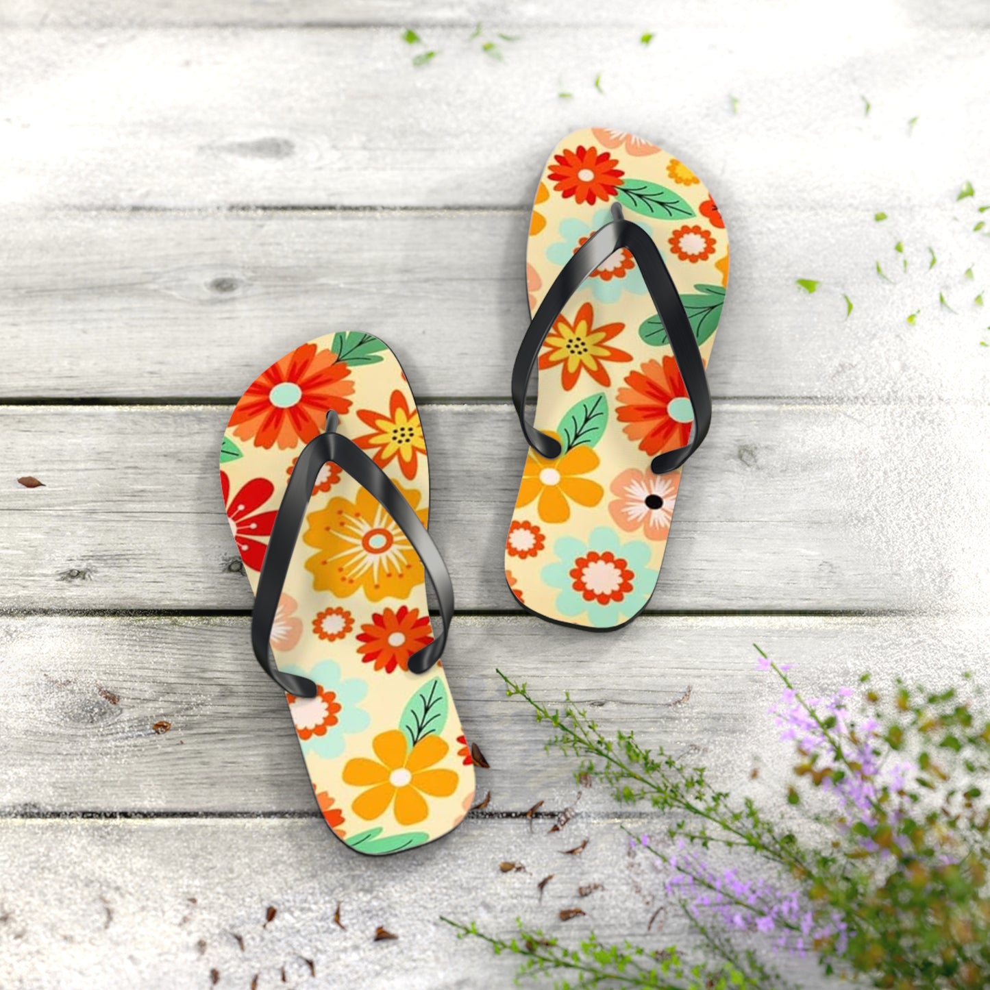Waves And Sun Sandals Tropical Flowers Summer Flip Flops Slides BRAND NEW