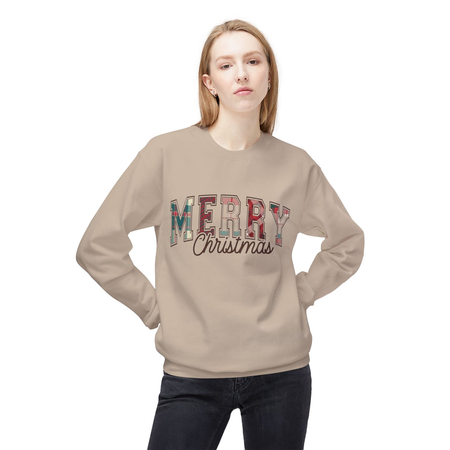 Merry Christmas Plaid Sweater NEW Unisex Fleece Crewneck Sweatshirt