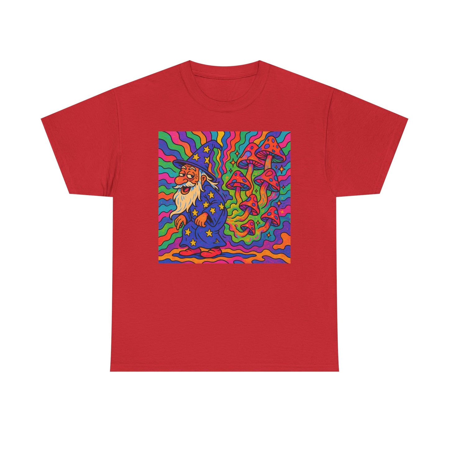 Wizard With Trippy Mushrooms Funny Graphic T Shirt Unisex Heavy Cotton Tee