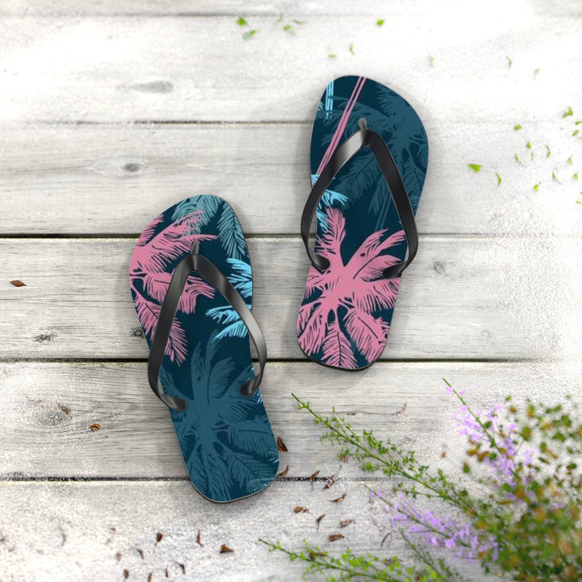 Pink And Blue Palm Trees Sandals Summer Flip Flops Slides BRAND NEW