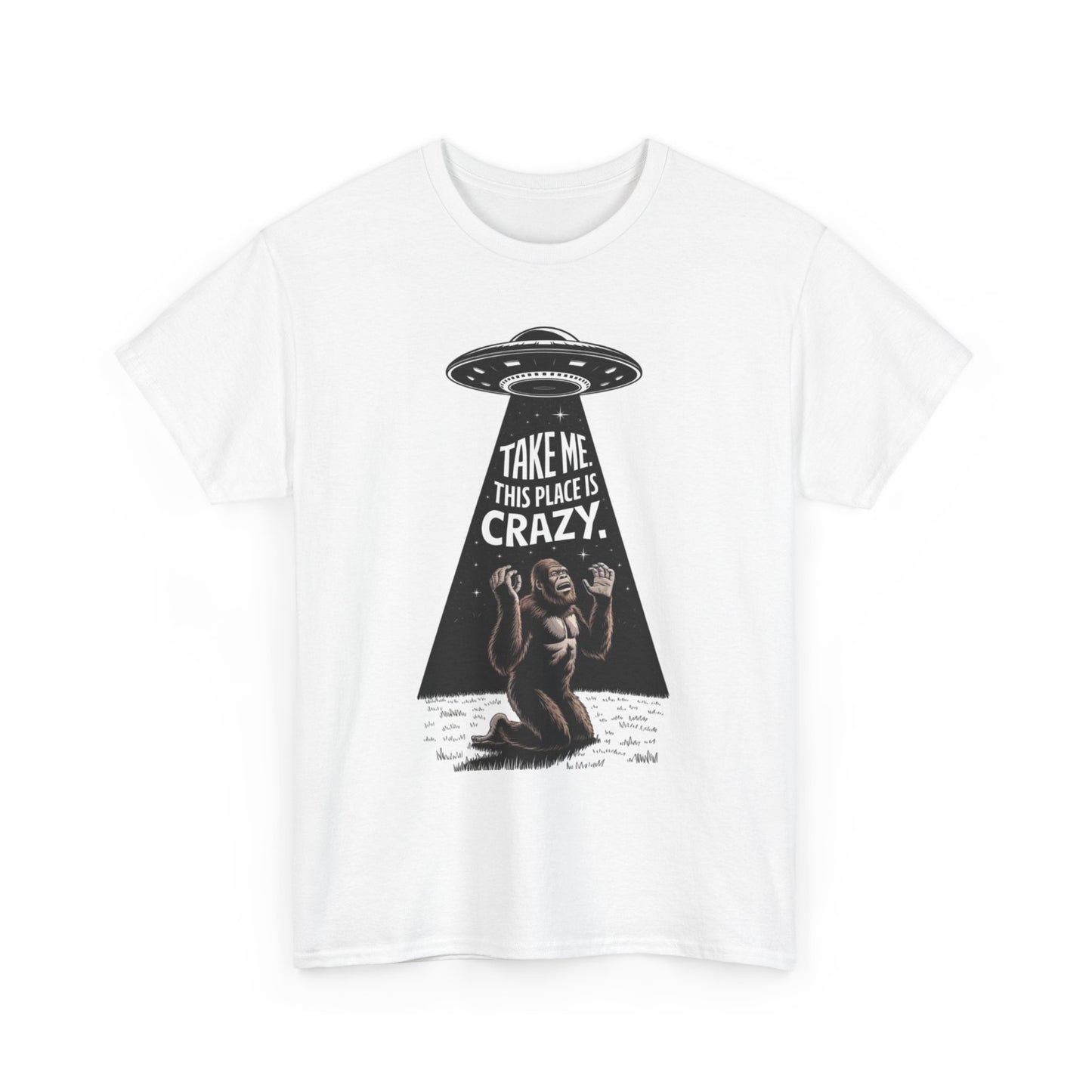 Funny Bigfoot Alien Abduction Graphic T Shirt Jokes Unisex Heavy Cotton Tee