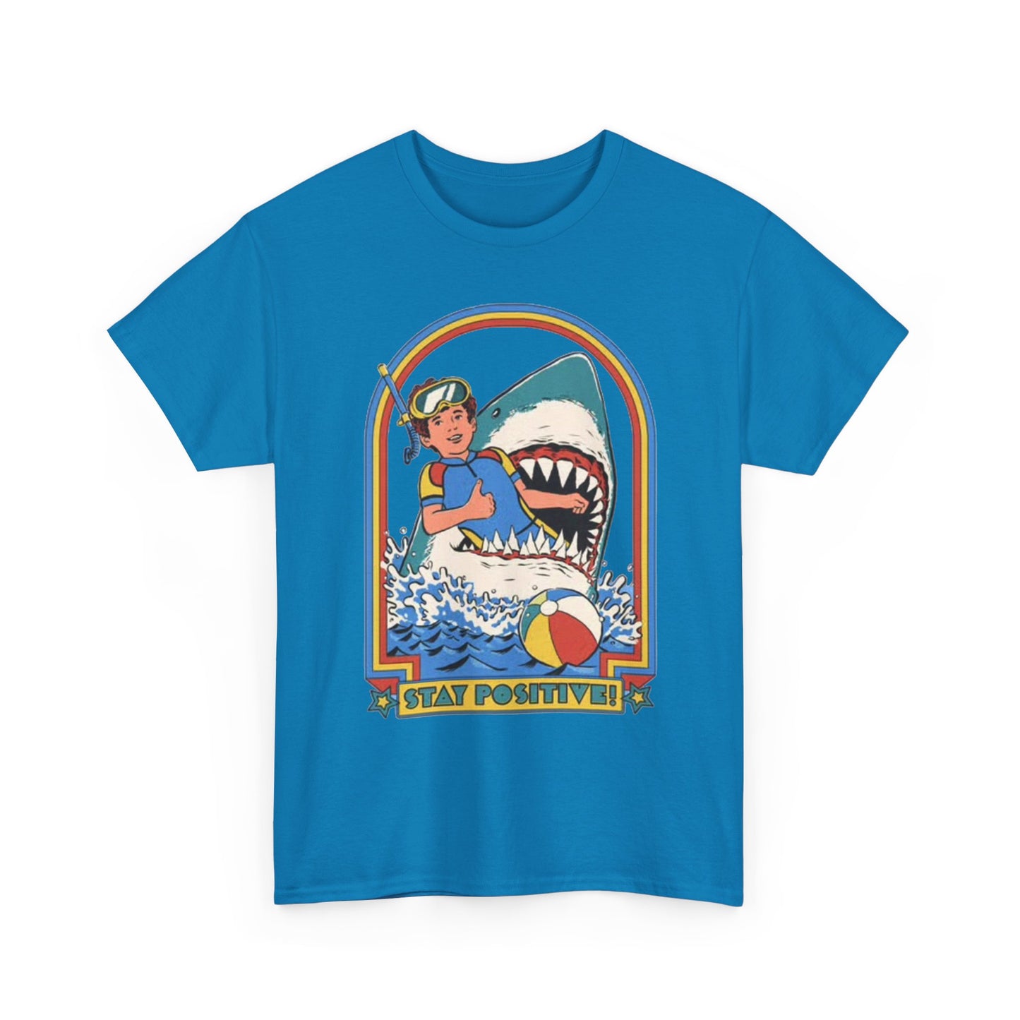 Stay Positive Funny Shark Attack Graphic T Shirt NEW Unisex Heavy Cotton Tee