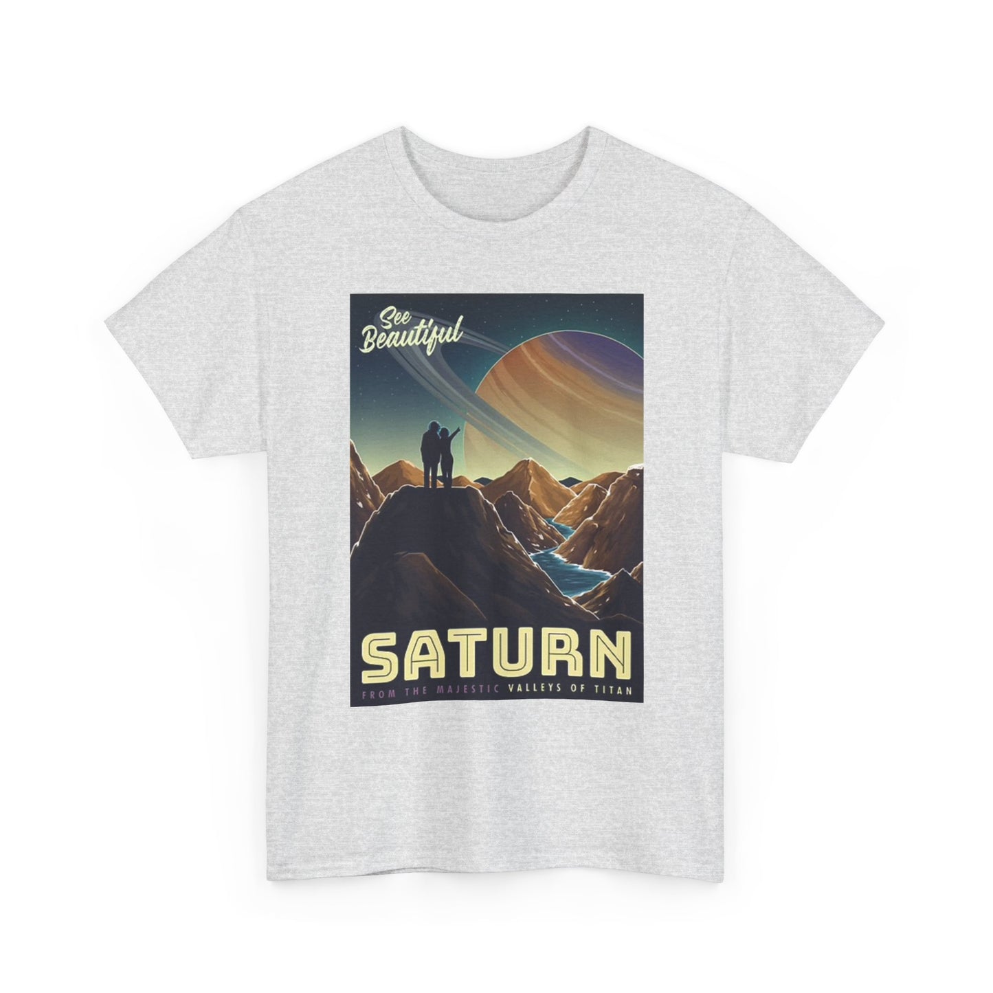 Saturn Space Graphic T Shirt Retro Outer Space Travel Unisex Heavy Cotton Tee