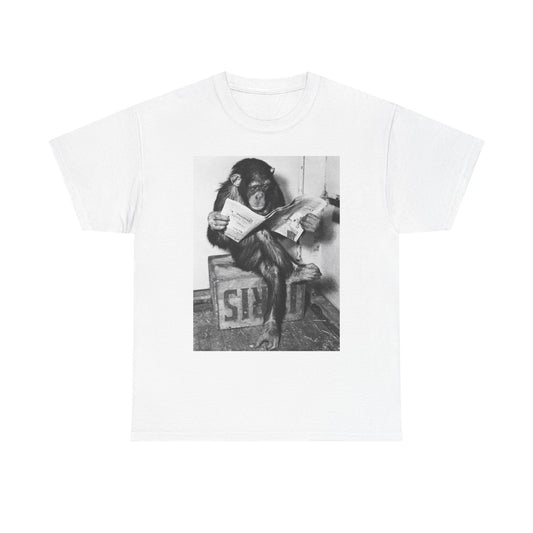 Monkey Reading Newspaper Graphic T Shirt Funny Unisex Heavy Cotton Tee