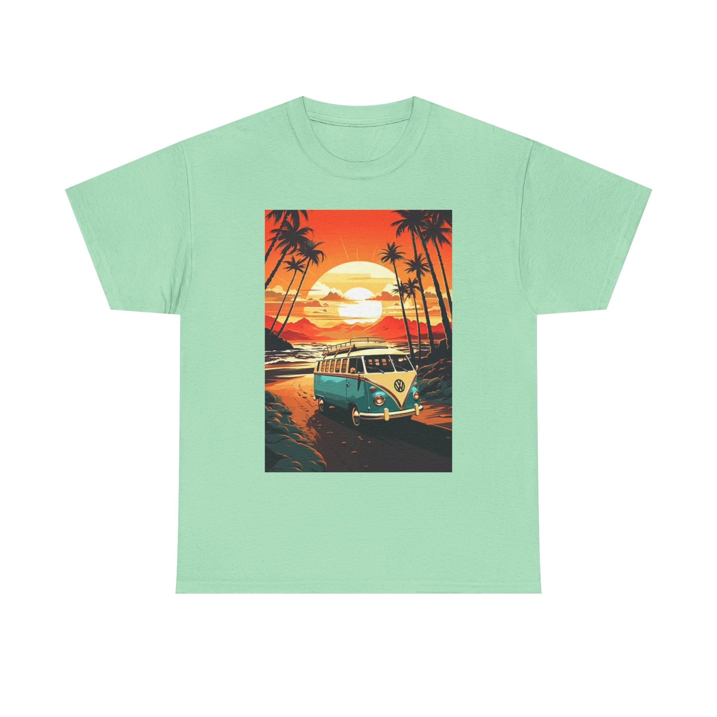 Beach Sunset Graphic T Shirt Surfing Bus Retro Unisex Heavy Cotton Tee