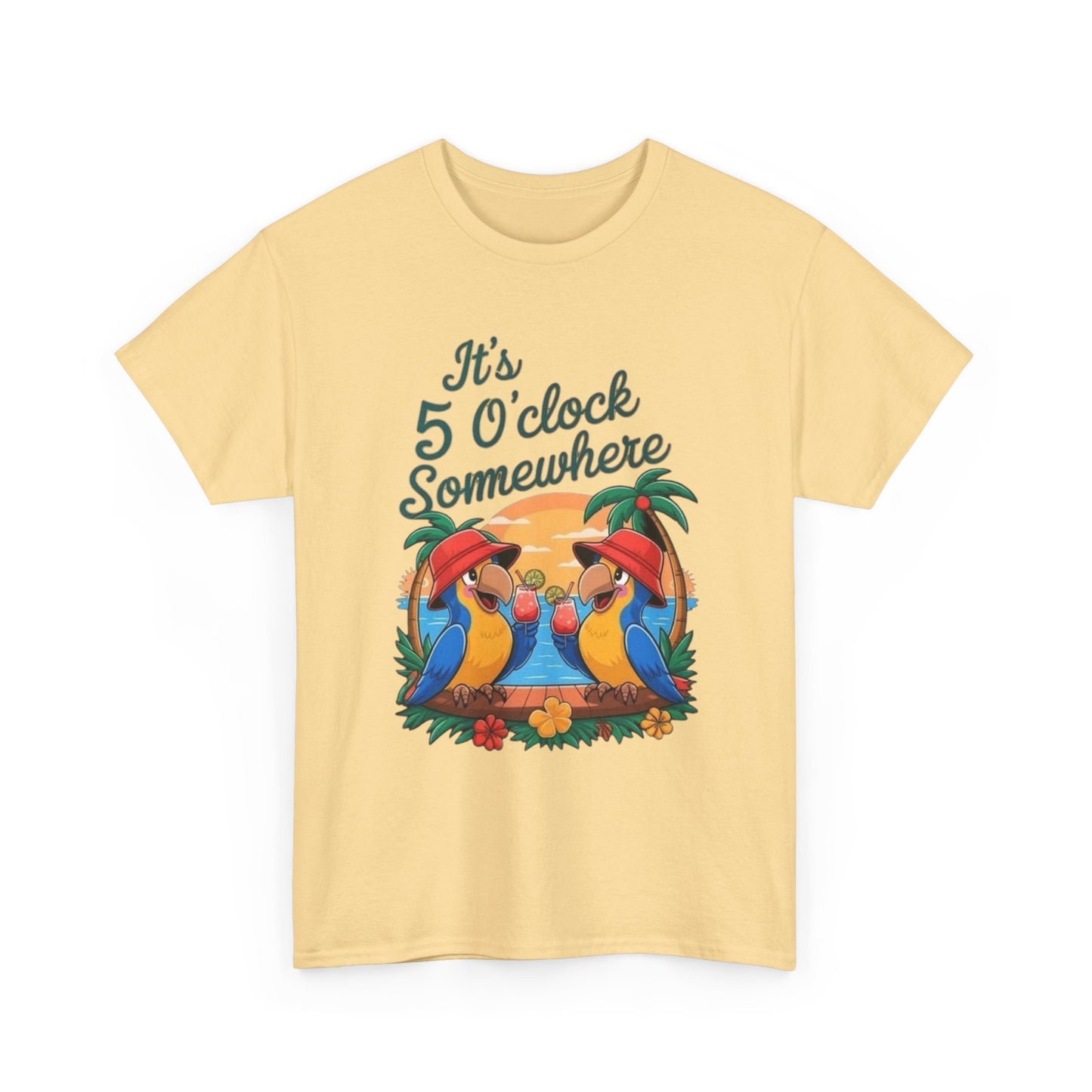 Its Five O'clock Somewhere Parrot Head Graphic T-Shirt Unisex Heavy Cotton Tee