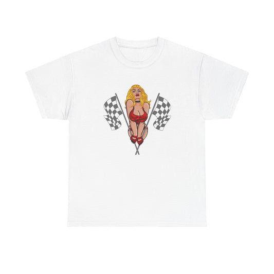 Racing Flag Model Pin Up Graphic T-Shirt Unisex Heavy Cotton Tee Gift NEW