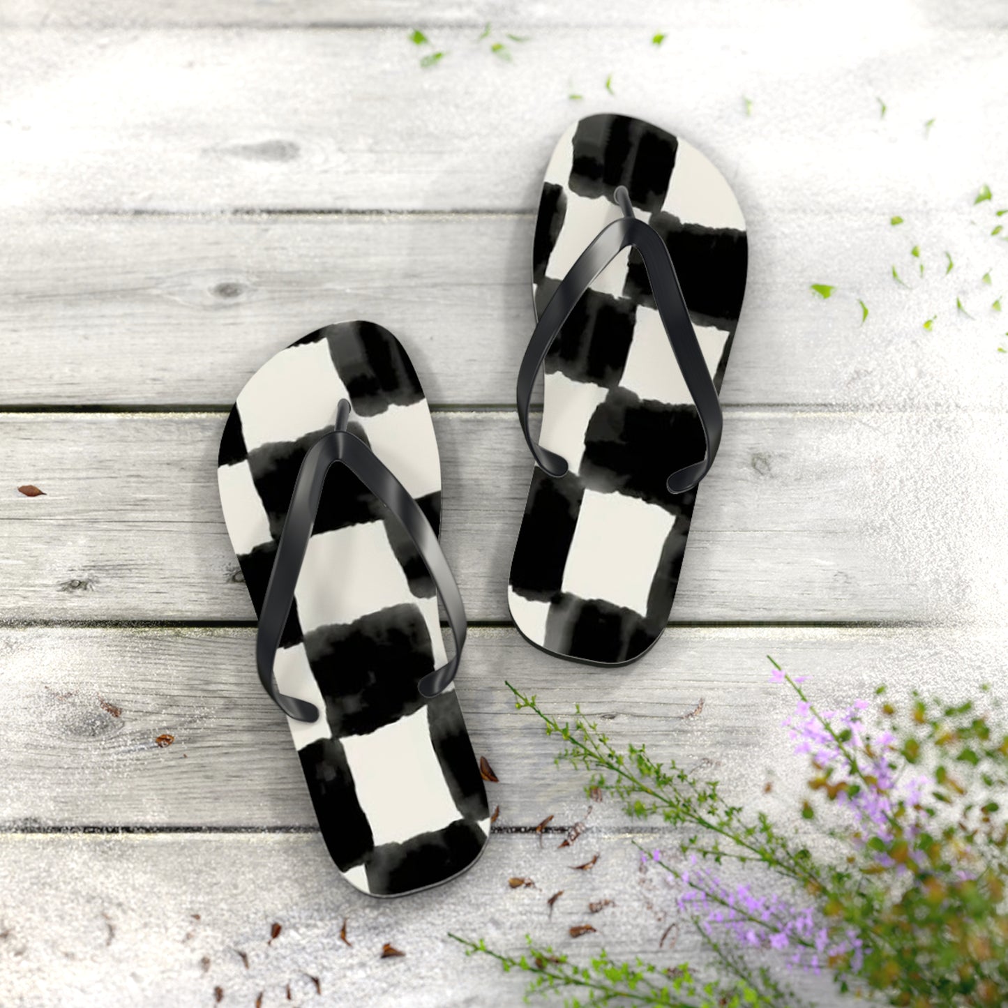 Checkered Black And White Sandals, Beach Shoes, Vacation Flip Flops, Pool Slides