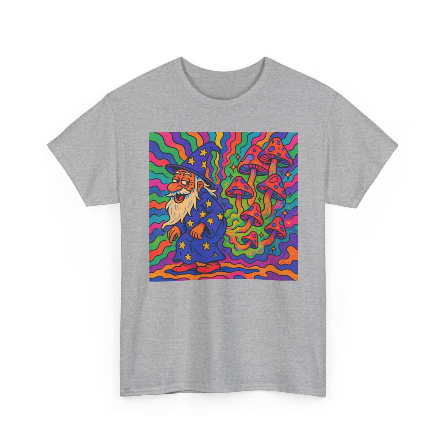Wizard With Trippy Mushrooms Funny Graphic T Shirt Unisex Heavy Cotton Tee
