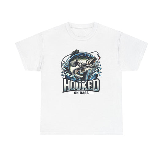 Hooked On Bass Graphic T Shirt Funny Outdoors Fishing Unisex Heavy Cotton Tee
