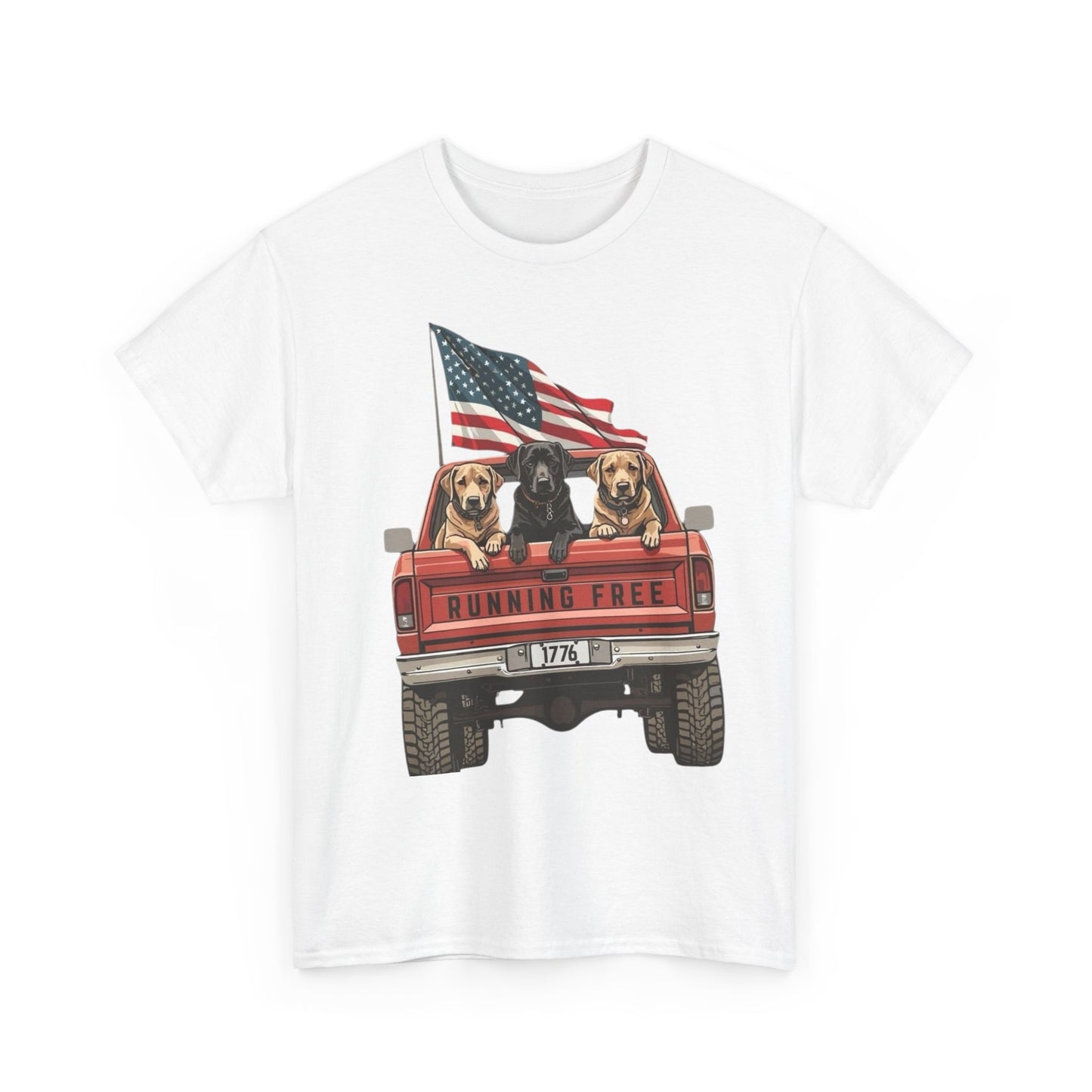 Running Free 1776 USA Dogs In Pickup Graphic T Shirt NEW Unisex Heavy Cotton Tee