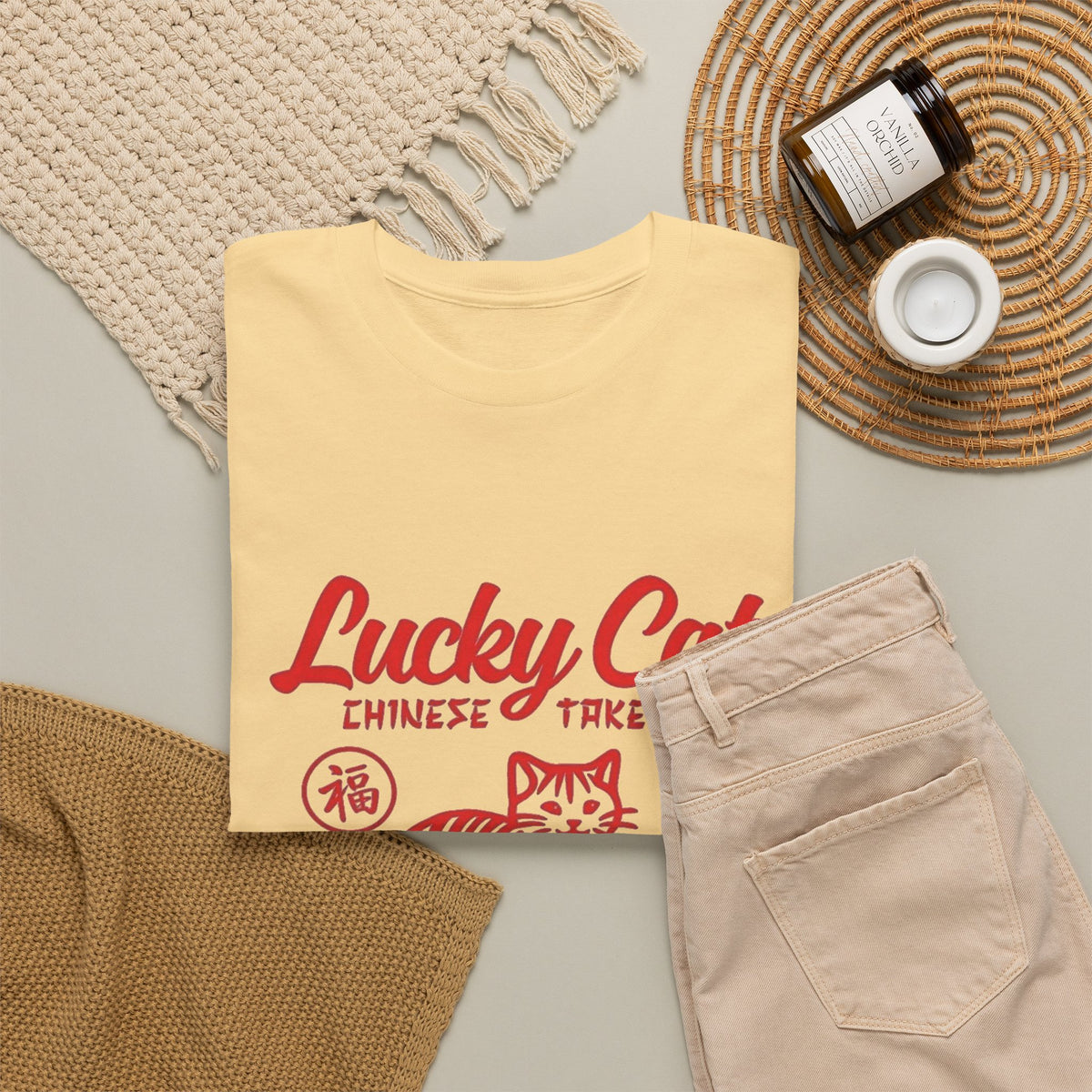 Lucky Cat Chinese Takeaway Graphic T-Shirt Men's Graphic Tee Funny Retro