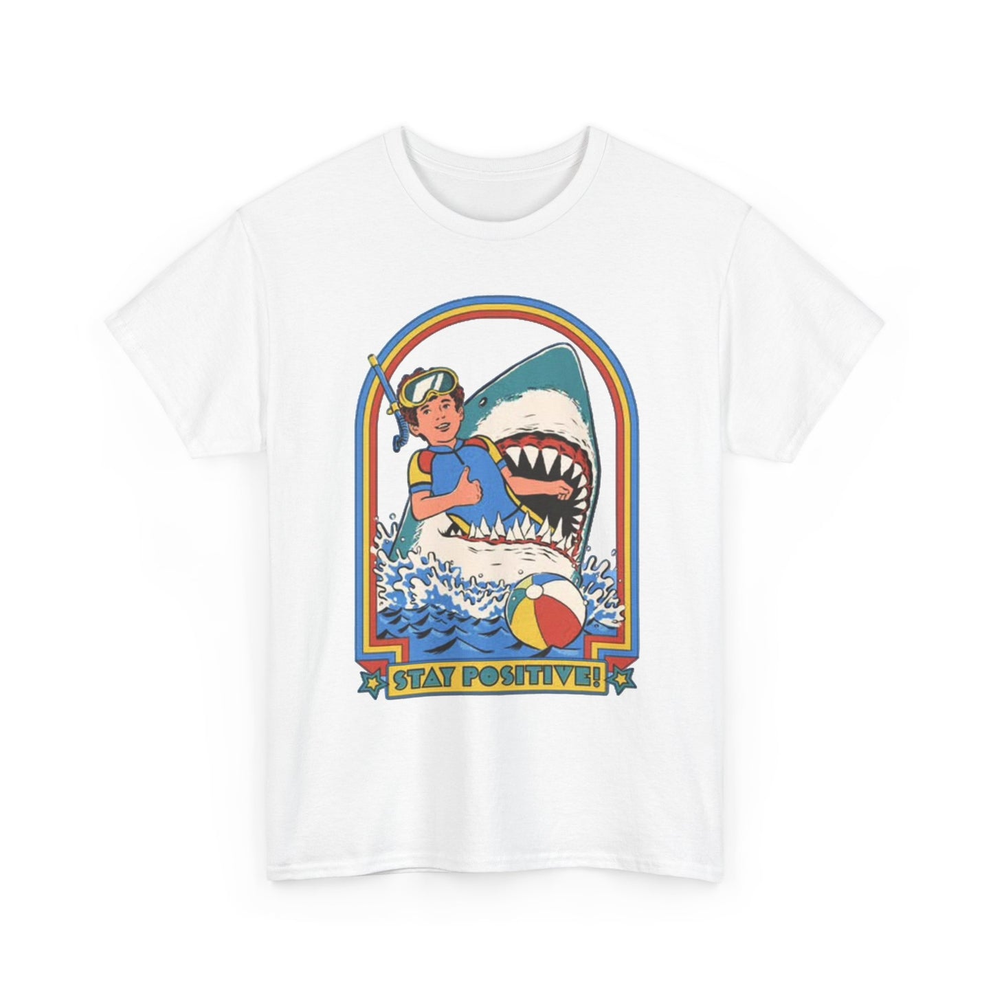 Stay Positive Funny Shark Attack Graphic T Shirt NEW Unisex Heavy Cotton Tee