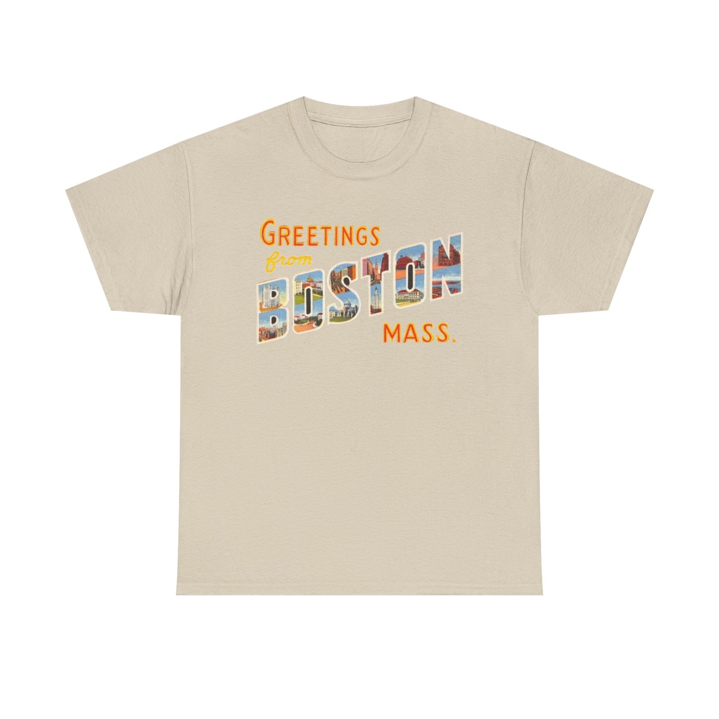 Boston T-shirt vintage postcard skyline retro Dunkin’s Unisex Heavy Cotton Tee