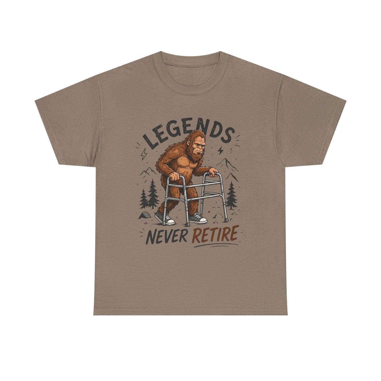 Bigfoot Legends Never Retire Graphic T Shirt Funny Men's Heavy Cotton Tee