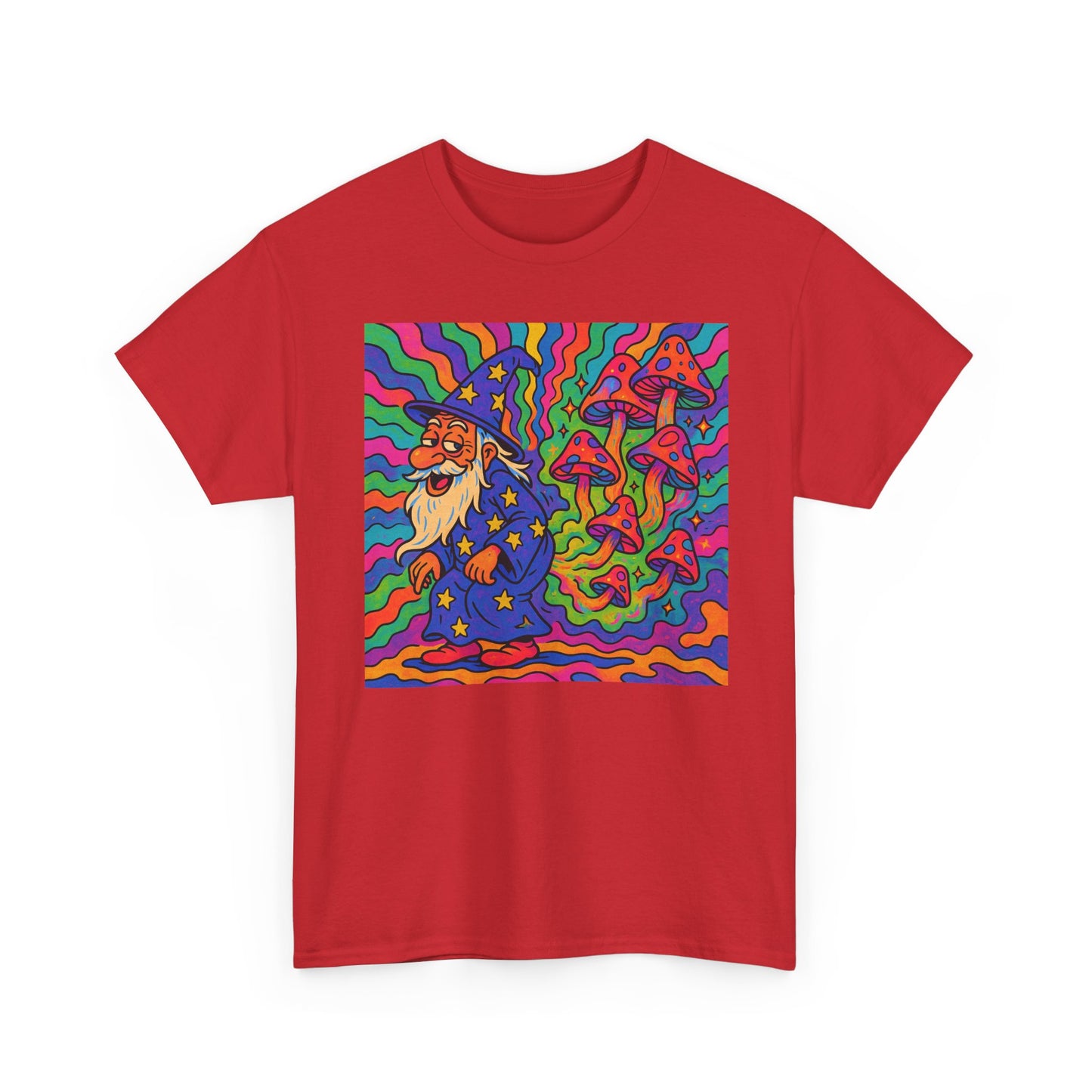 Wizard With Trippy Mushrooms Funny Graphic T Shirt Unisex Heavy Cotton Tee