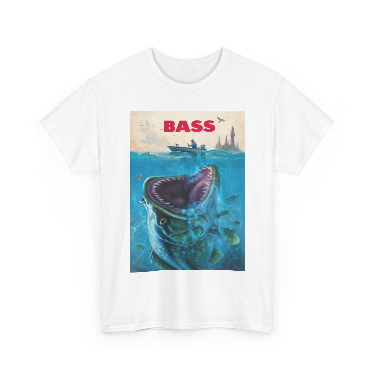 Bass Fishing Shirt Funny Jaws Movie Poster Outdoors Unisex Heavy Cotton Tee