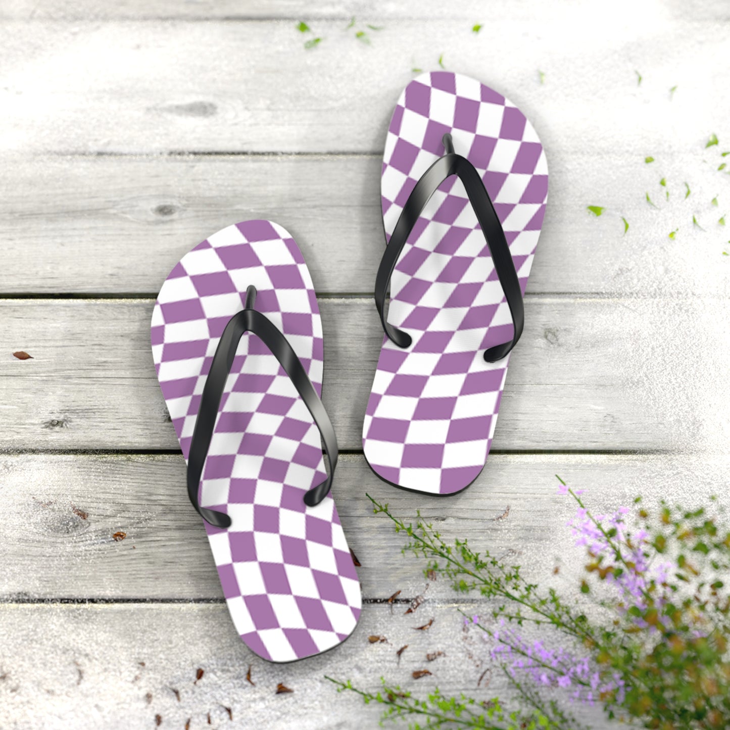 Wavy Checkered Purple Sandals, Beach Shoes, Vacation Flip Flops, Pool Slides
