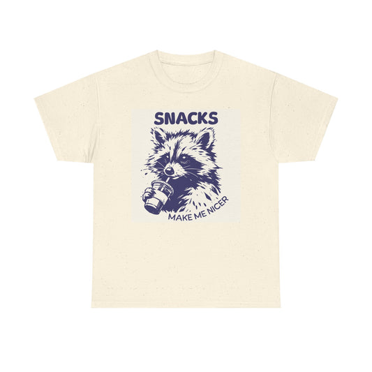 Snacks Make Me Nicer Funny Graphic T Shirt Unisex Heavy Cotton Tee BRAND NEW