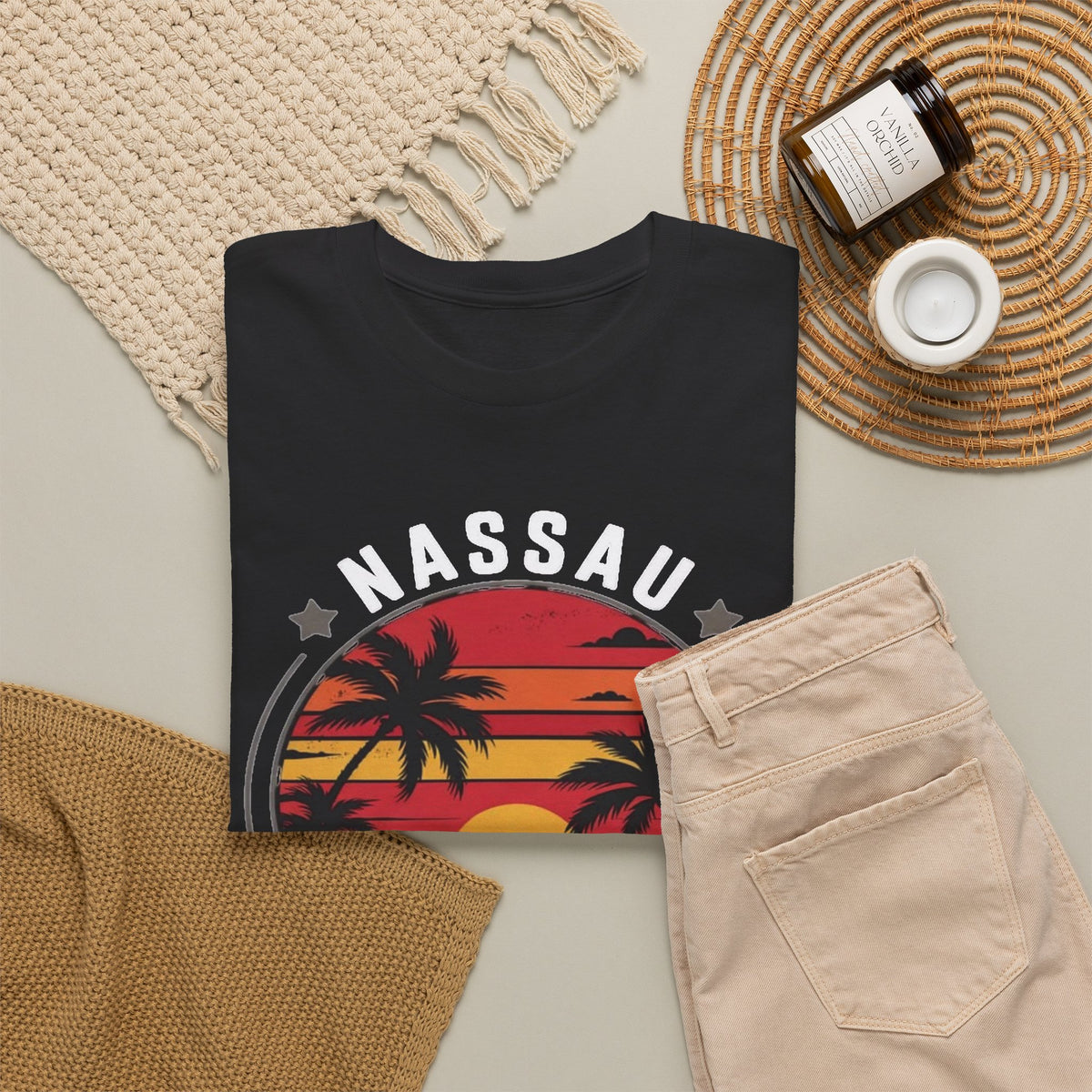 Nassau Bahamas Sunset Palm Design T-Shirt Men's Graphic Tee