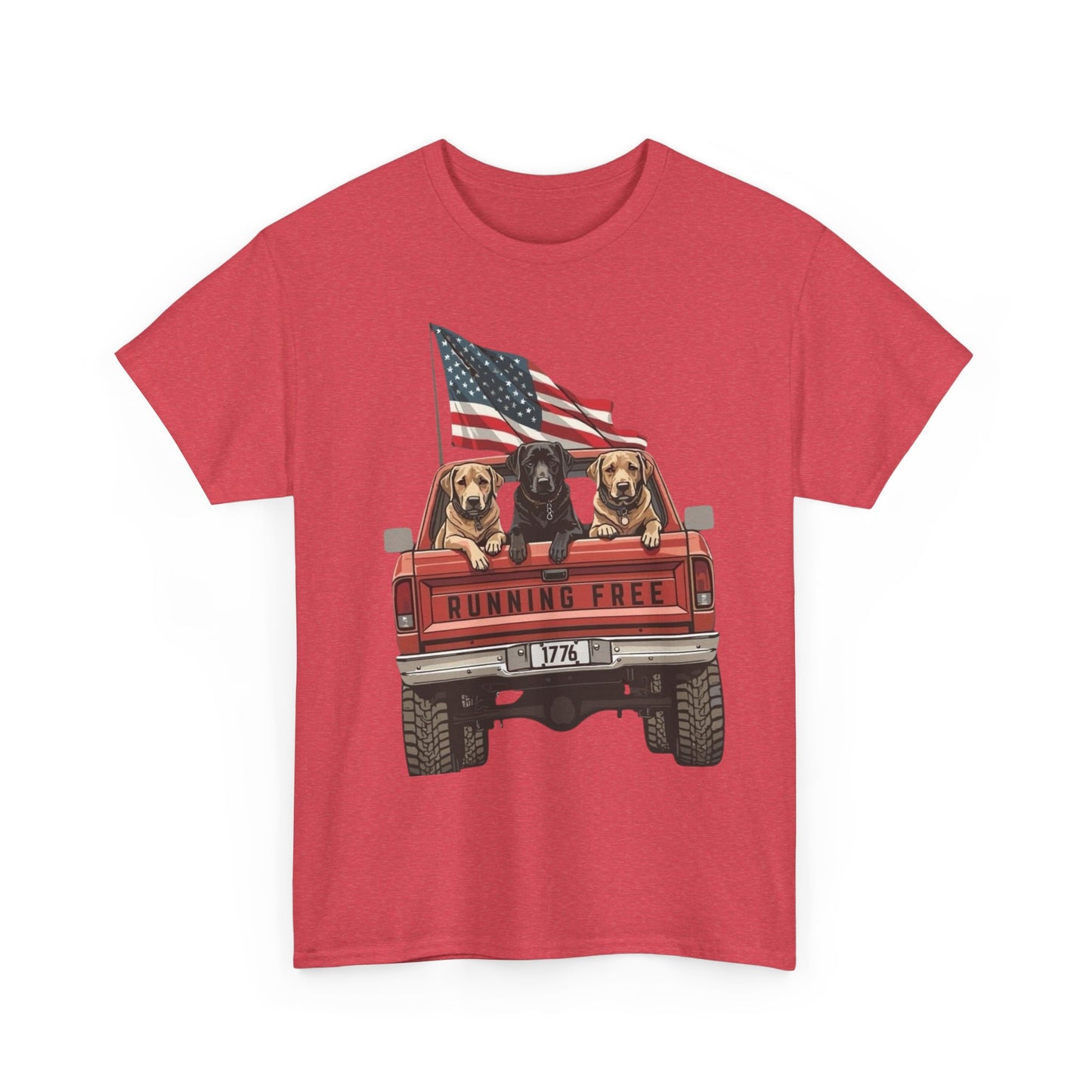 Running Free 1776 USA Dogs In Pickup Graphic T Shirt NEW Unisex Heavy Cotton Tee