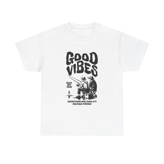 Good Vibes Fishing Tshirt Retro Graphic Lake Unisex Heavy Cotton Tee
