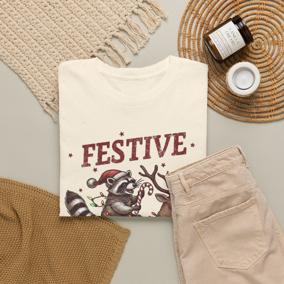 Festive but Feral Raccoon Riding Reindeer Christmas T-Shirt Men's Graphic Tee