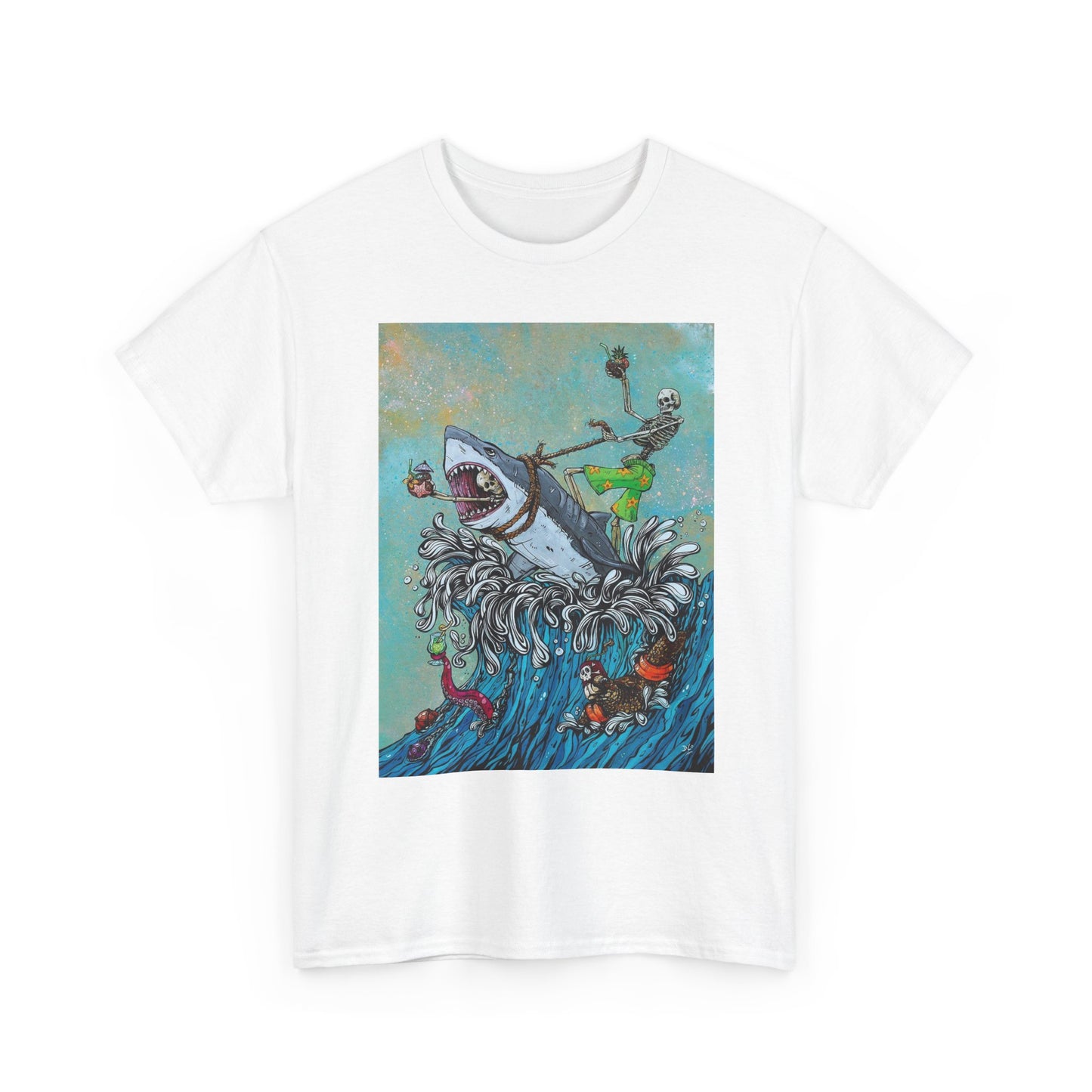 Shark Surfing Graphic T Shirt Funny Unisex Heavy Cotton Tee