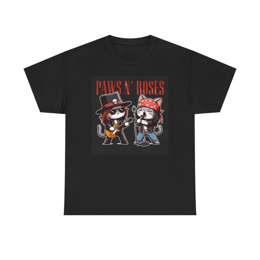 Paws And Roses Graphic T Shirt Funny Cat Rock Unisex Heavy Cotton Tee