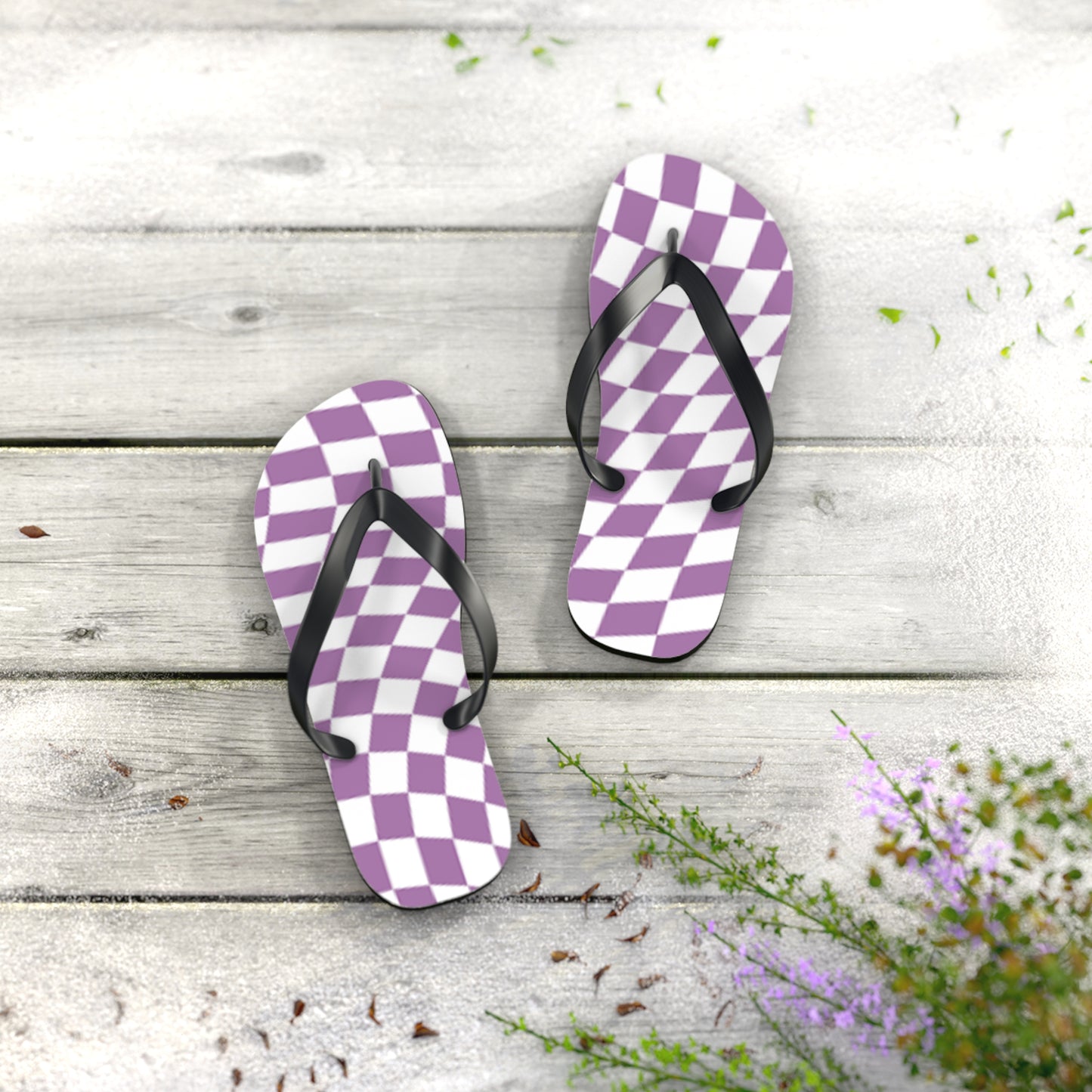 Wavy Checkered Purple Sandals, Beach Shoes, Vacation Flip Flops, Pool Slides