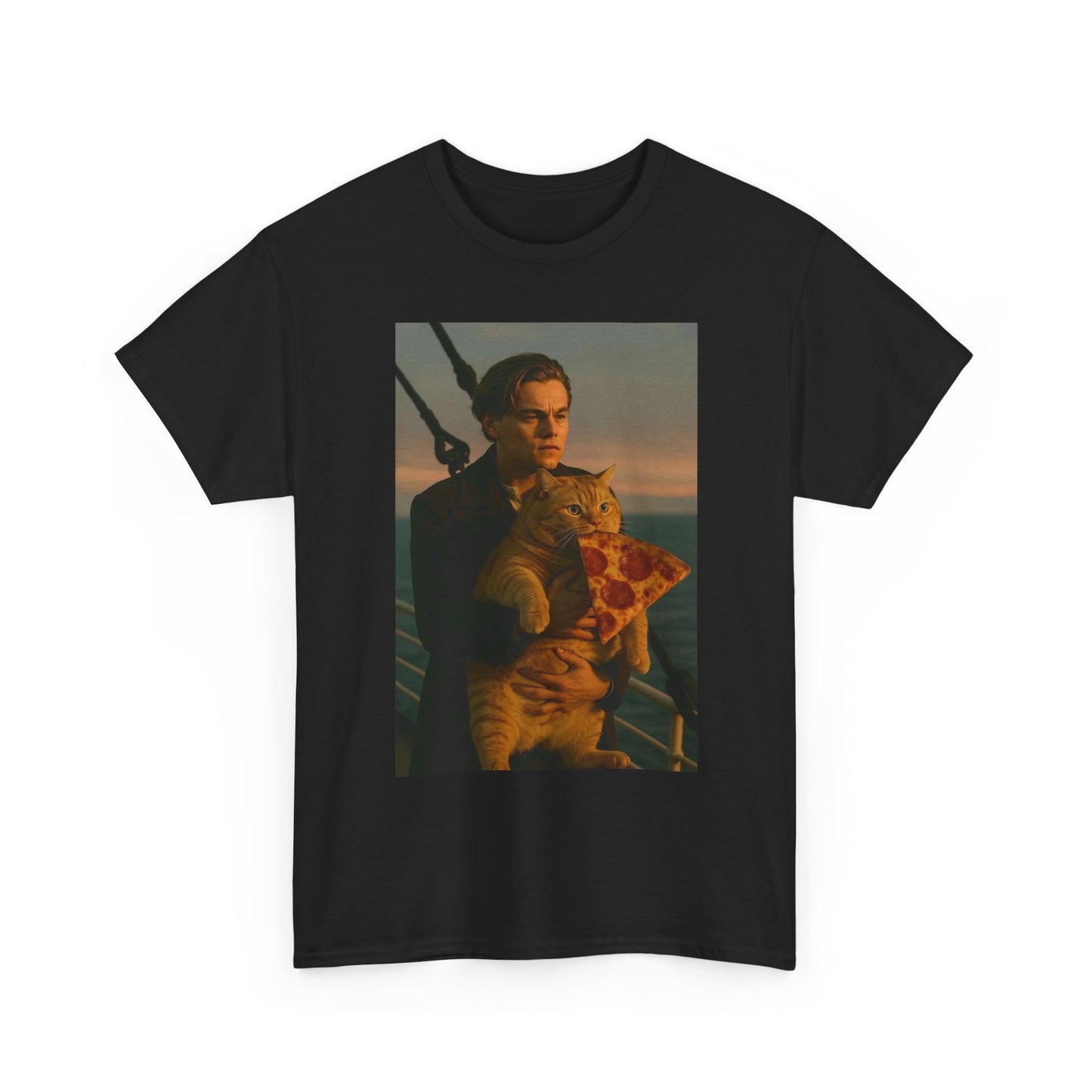 The Titanic Funny Cat Pizza Graphic T Shirt NEW S-5XL Unisex Heavy Cotton Tee